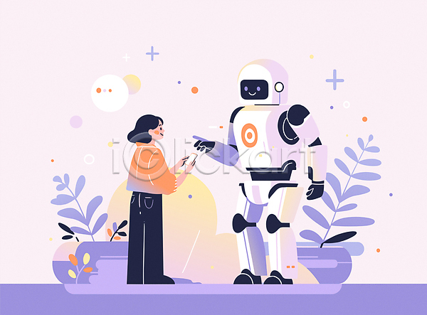 미래 행복 성인 성인여자한명만 여자 한명 AI(파일형식) 일러스트 AI(인공지능) 가리킴 공학 과학 과학기술 기술 라이프스타일 로봇 마주보기 보라색 스마트폰 식물 전신 정보기술 친구
