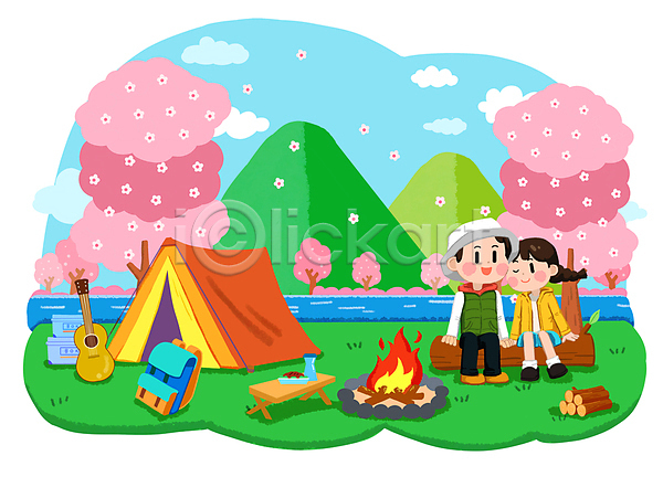휴식 남자 두명 성인 성인만 여자 PSD 일러스트 개울 구름(자연) 모닥불 벚나무 봄 산 앉기 전신 취미 캠핑 캠핑장 커플 텐트 통나무 하늘