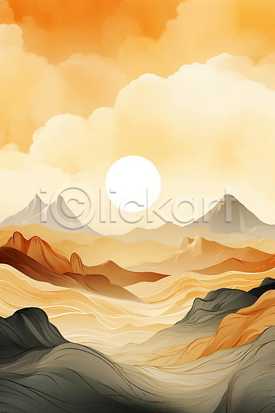 사람없음 JPG 일러스트 구름(자연) 미니멀 백그라운드 산 자연 주황색 추상 태양 풍경(경치) 하늘