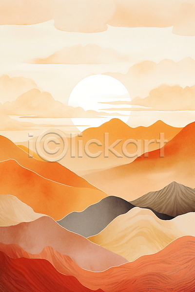 사람없음 JPG 일러스트 구름(자연) 미니멀 백그라운드 산 자연 주황색 추상 태양 풍경(경치) 하늘