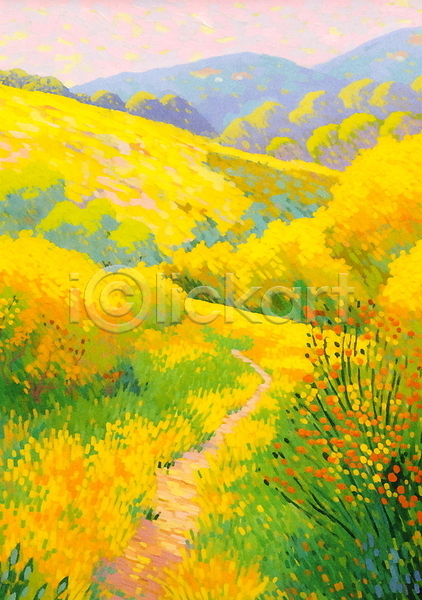 사람없음 JPG 일러스트 꽃밭 나무 노란색 농촌 백그라운드 봄 산 유화 자연 점묘화 페인팅 풍경(경치) 풍경화 하늘