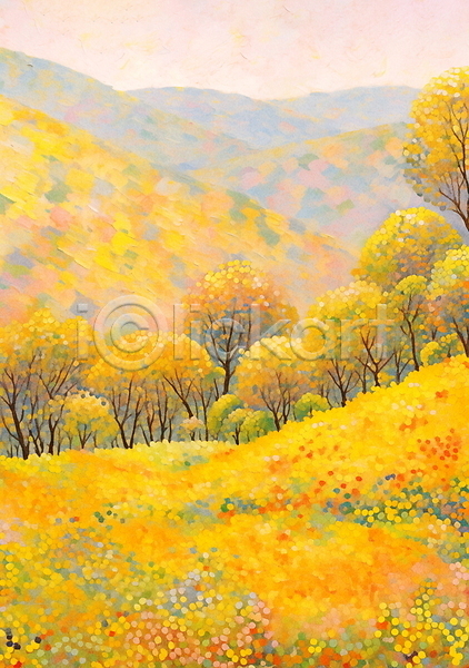 사람없음 JPG 일러스트 꽃밭 나무 노란색 농촌 백그라운드 봄 산 유화 자연 점묘화 페인팅 풍경(경치) 풍경화 하늘