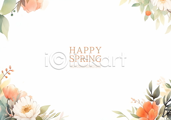 사람없음 JPG 일러스트 꽃백그라운드 백그라운드 봄꽃 수채화(물감) 잎 주황색 카피스페이스 프레임