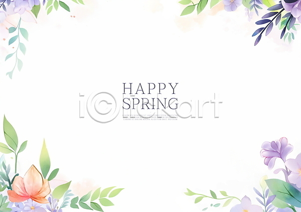 사람없음 JPG 일러스트 꽃백그라운드 백그라운드 보라색 봄꽃 수채화(물감) 잎 카피스페이스 프레임