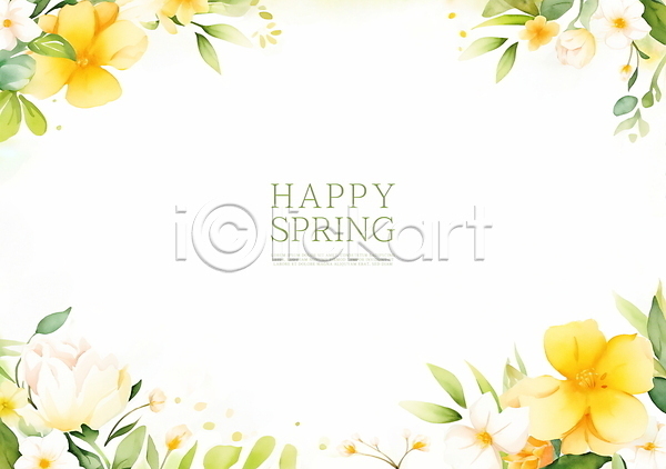 사람없음 JPG 일러스트 꽃백그라운드 노란색 백그라운드 봄꽃 수채화(물감) 잎 카피스페이스 프레임