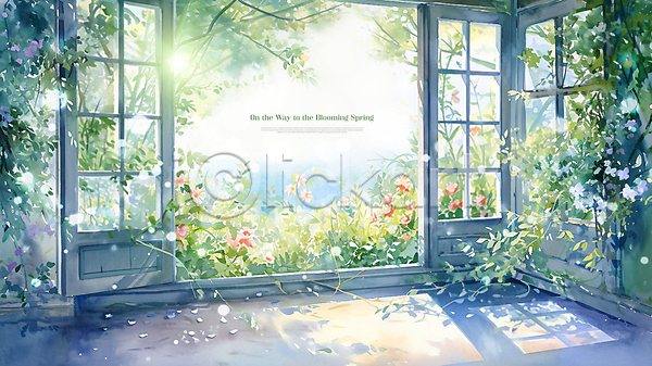 사람없음 PSD 편집이미지 문 봄꽃 빛 자연 창가 풀잎 풍경(경치) 햇빛 화초
