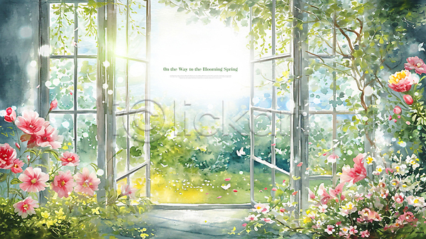 사람없음 PSD 편집이미지 문 봄꽃 빛 자연 창가 풀잎 풍경(경치) 햇빛 화초