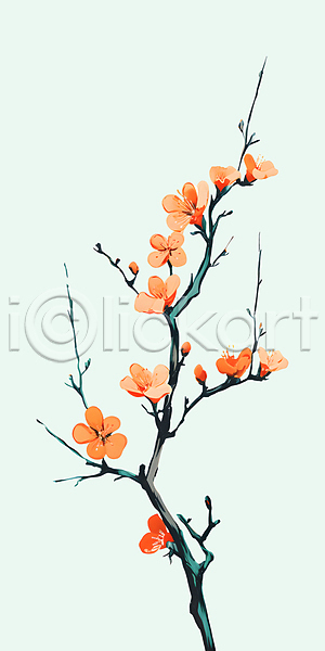 우아함 사람없음 PSD 일러스트 꽃봉오리 나뭇가지 나뭇잎 매화 민트색배경 백그라운드 봄 유화 페인팅