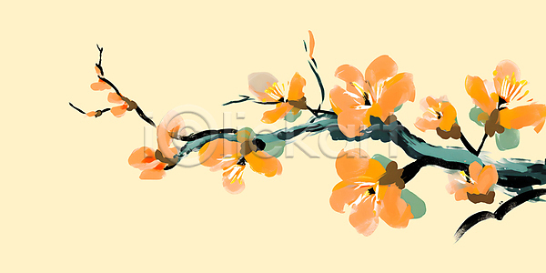 우아함 사람없음 PSD 일러스트 꽃봉오리 나뭇가지 나뭇잎 매화 백그라운드 봄 유화 페인팅