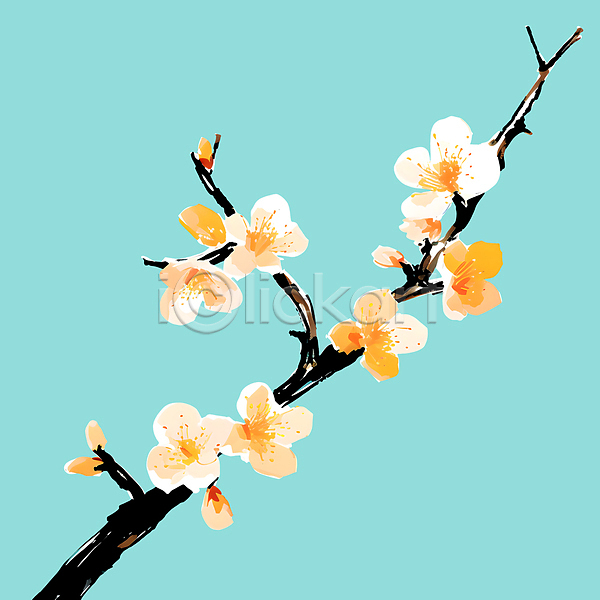 우아함 사람없음 PSD 일러스트 꽃봉오리 나뭇가지 나뭇잎 매화 민트색배경 백그라운드 봄 유화 페인팅