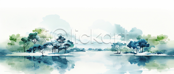 분위기 사람없음 JPG 일러스트 구름(자연) 나무 반사 백그라운드 수채화(물감) 자연 초록색 풍경(경치) 하늘 호수