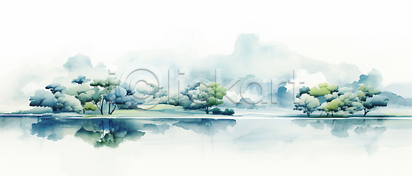 분위기 사람없음 JPG 일러스트 구름(자연) 나무 반사 백그라운드 수채화(물감) 자연 초록색 풍경(경치) 하늘 호수