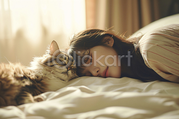 여유 편안함 휴식 성인 성인여자한명만 여자 한명 JPG 디지털합성 편집이미지 고양이 낮잠 눈감음 눕기 이불 잠 침구 햇빛