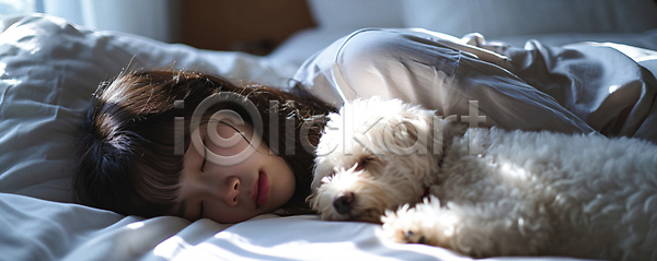 여유 편안함 휴식 성인 성인여자한명만 여자 한명 JPG 디지털합성 편집이미지 강아지 낮잠 눈감음 눕기 이불 잠 침구 햇빛