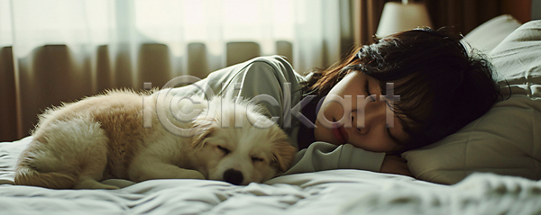 여유 편안함 휴식 성인 성인여자한명만 여자 한명 JPG 디지털합성 편집이미지 강아지 낮잠 눈감음 눕기 목베개 상반신 이불 잠 침구 햇빛