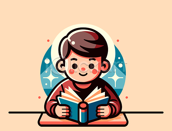 집중 행복 남자 소년 소년한명만 어린이 한명 AI(파일형식) 일러스트 교육 독서 들기 반짝임 상반신 주황색 책