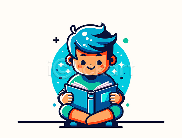 기쁨 활기 남자 소년 소년한명만 어린이 한명 AI(파일형식) 일러스트 교육 독서 들기 반짝임 상상력 앉기 전신 책 파란색