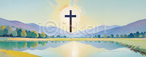 믿음 희망 사람없음 JPG 일러스트 기독교 반사 빛 산 새벽 십자가 일출 초록색 태양 파란색 하늘 호수