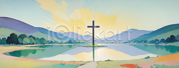 믿음 평화 사람없음 JPG 일러스트 구름(자연) 기독교 반사 산 새벽 십자가 일출 자연 초록색 호수