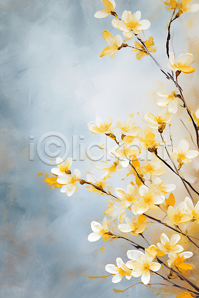 사람없음 JPG 일러스트 그림 꽃 꽃가지 나뭇가지 노란색 백그라운드 붓터치 식물 유화 질감
