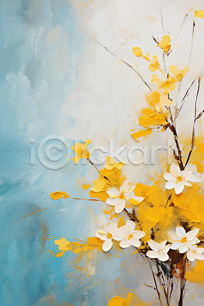 사람없음 JPG 일러스트 그림 꽃 꽃가지 나뭇가지 노란색 백그라운드 붓터치 식물 유화 질감