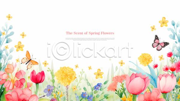 사람없음 PSD 템플릿 꽃 꽃잎 나비 배너 봄꽃 수채화(물감) 잎 컬러풀 테두리 화사함