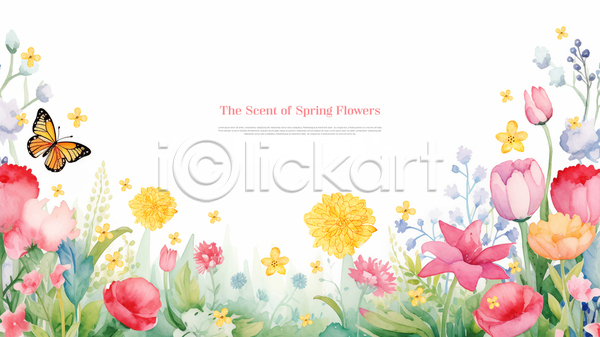 사람없음 PSD 템플릿 꽃 꽃잎 나비 배너 봄꽃 수채화(물감) 잎 컬러풀 테두리 화사함