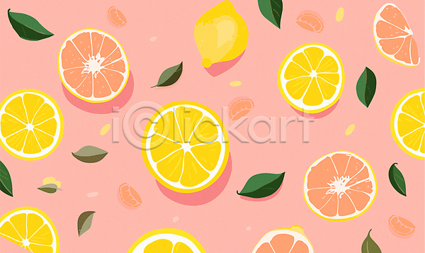 사람없음 AI(파일형식) 일러스트 노란색 단면 레몬 분홍색 잎 자몽 패턴 패턴백그라운드
