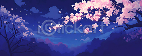 사람없음 JPG 일러스트 구름(자연) 꽃잎 나뭇가지 밤하늘 백그라운드 벚나무 봄 산 야경 자연 파란색 풍경(경치)