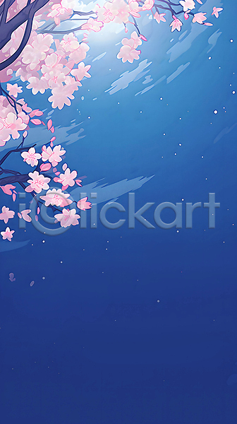 사람없음 JPG 일러스트 구름(자연) 꽃잎 나뭇가지 달 밤하늘 백그라운드 벚나무 봄 야경 자연 파란색 풍경(경치)