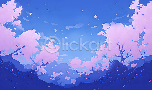 사람없음 JPG 일러스트 구름(자연) 꽃잎 나뭇가지 밤하늘 백그라운드 벚나무 봄 산 야경 자연 파란색 풍경(경치)