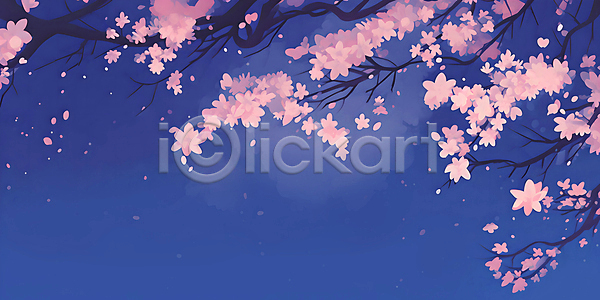 사람없음 JPG 일러스트 구름(자연) 꽃잎 나뭇가지 밤하늘 백그라운드 벚나무 봄 야경 자연 파란색 풍경(경치)