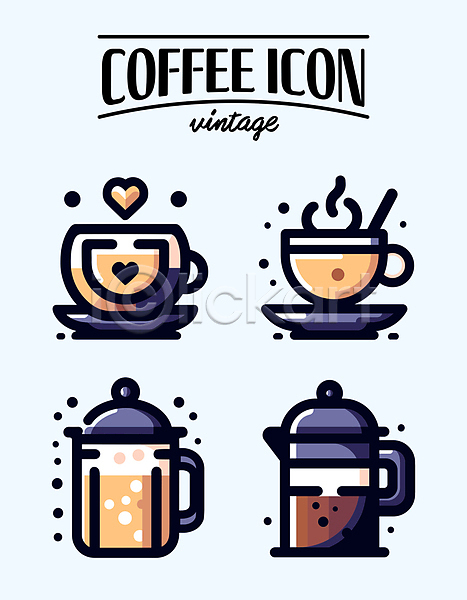 빈티지 사람없음 AI(파일형식) 아이콘 라인아트 커피 커피메이커 커피잔 컵받침