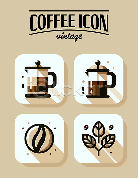 빈티지 사람없음 AI(파일형식) 아이콘 라인아트 심플 원두 잎 커피 커피메이커 커피잔