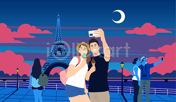 남자 성인 성인만 여러명 여자 AI(파일형식) 일러스트 들기 셀프카메라 스마트폰 아이스크림 에펠탑 여행 전신 파리(프랑스) 해외여행 휴가