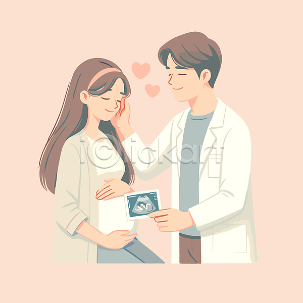다정 사랑 화목 남자 두명 성인 성인만 여자 AI(파일형식) 디지털합성 일러스트 들기 부부 상반신 쓰다듬기 임산부 임신 초음파사진 편집소스 하트