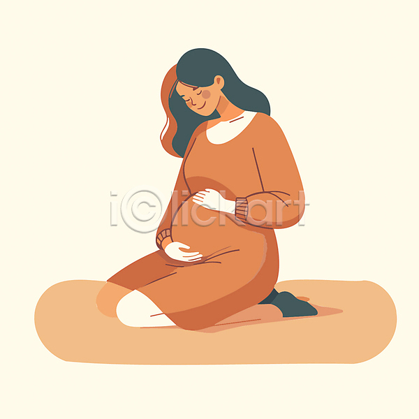 성인 성인여자한명만 여자 한명 AI(파일형식) 디지털합성 일러스트 갈색 무릎꿇기 쓰다듬기 엄마 임산부 임신 전신 편집소스