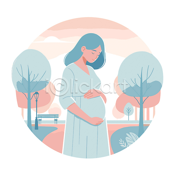 성인 성인여자한명만 여자 한명 AI(파일형식) 디지털합성 일러스트 공원 분홍색 상반신 쓰다듬기 엄마 임산부 편집소스 하늘색