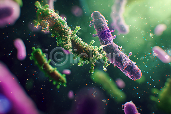 사람없음 3D JPG 디지털합성 편집이미지 미생물 바이러스 박테리아 백그라운드 보라색 생물학 세포 초록색 편집소스
