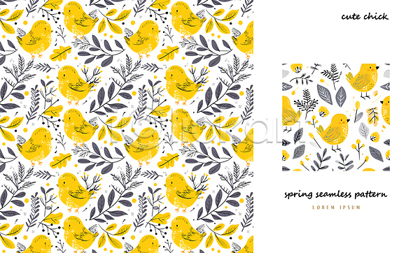 사람없음 PSD 일러스트 나뭇잎 노란색 병아리 봄 아기자기 패턴 패턴백그라운드