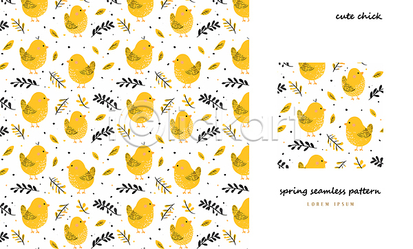 사람없음 PSD 일러스트 나뭇잎 노란색 병아리 봄 아기자기 패턴 패턴백그라운드