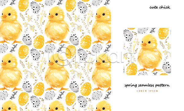 사람없음 PSD 일러스트 계란 나뭇잎 노란색 병아리 봄 아기자기 패턴 패턴백그라운드