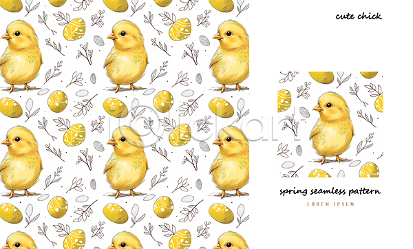 사람없음 PSD 일러스트 계란 나뭇잎 노란색 병아리 봄 아기자기 패턴 패턴백그라운드