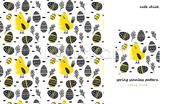 사람없음 PSD 일러스트 검은색 계란 나뭇잎 노란색 병아리 봄 아기자기 패턴 패턴백그라운드
