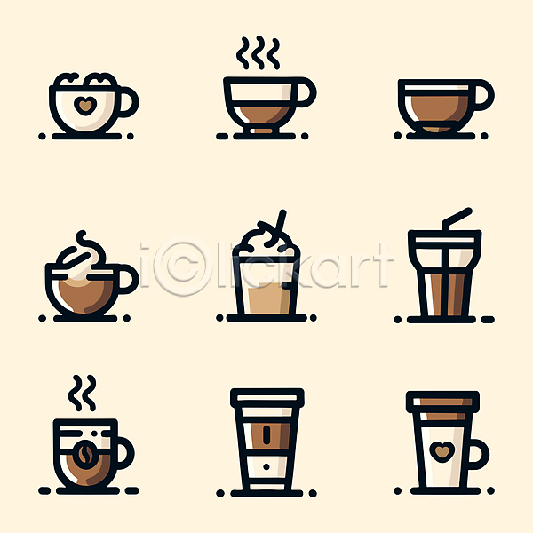 사람없음 AI(파일형식) 아이콘 갈색 세트 음료 카페 커피 커피잔 컵 테이크아웃컵