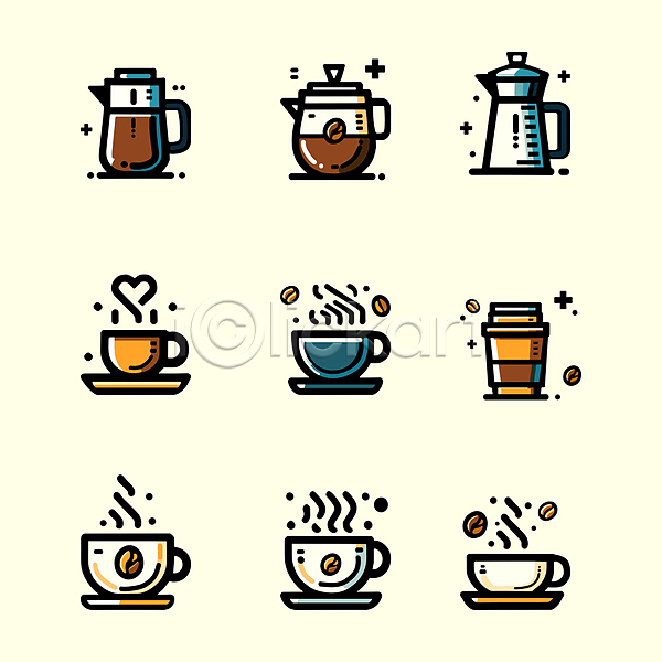 사람없음 AI(파일형식) 아이콘 세트 음료 카페 커피 커피잔 커피포트 컵 테이크아웃컵