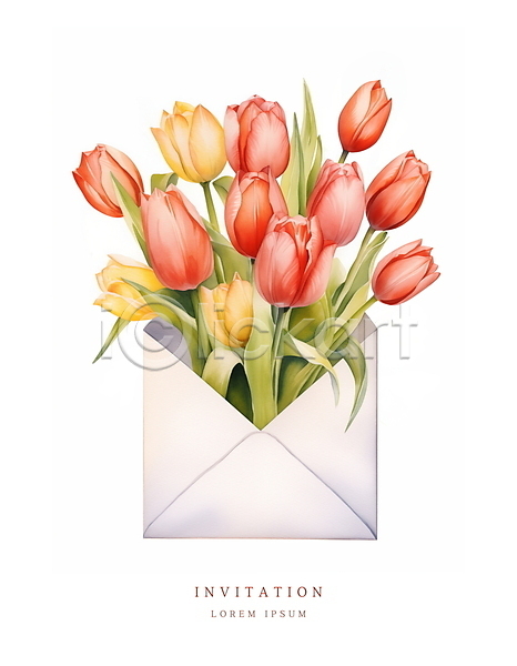 우아함 사람없음 PSD 일러스트 꽃다발 메시지 봄 빨간색 수채화(물감) 여름(계절) 잎 초대 초대장 카드(감사) 튤립 편지 편지봉투