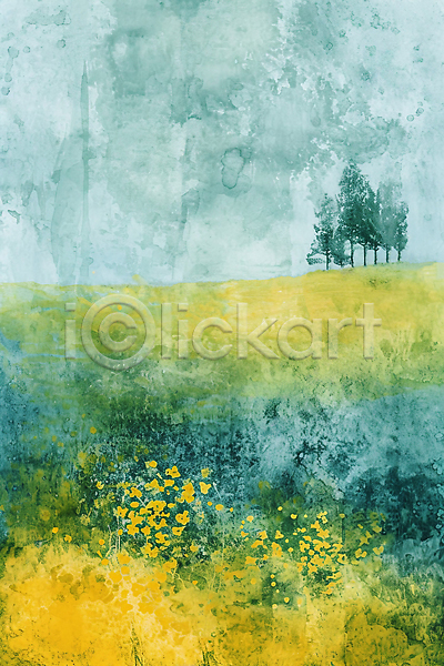분위기 사람없음 JPG 일러스트 꽃 나무 백그라운드 번짐 수채화(물감) 질감 초원(자연) 풍경(경치) 하늘