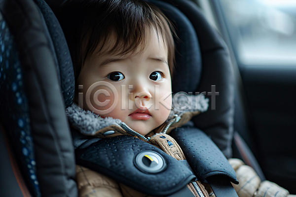 보호 아기 한명 JPG 편집이미지 상반신 안전 안전벨트 응시 자동차 자동차내부 카시트