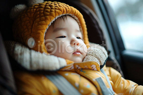 보호 아기 한명 JPG 편집이미지 상반신 안전 안전벨트 자동차 자동차내부 카시트